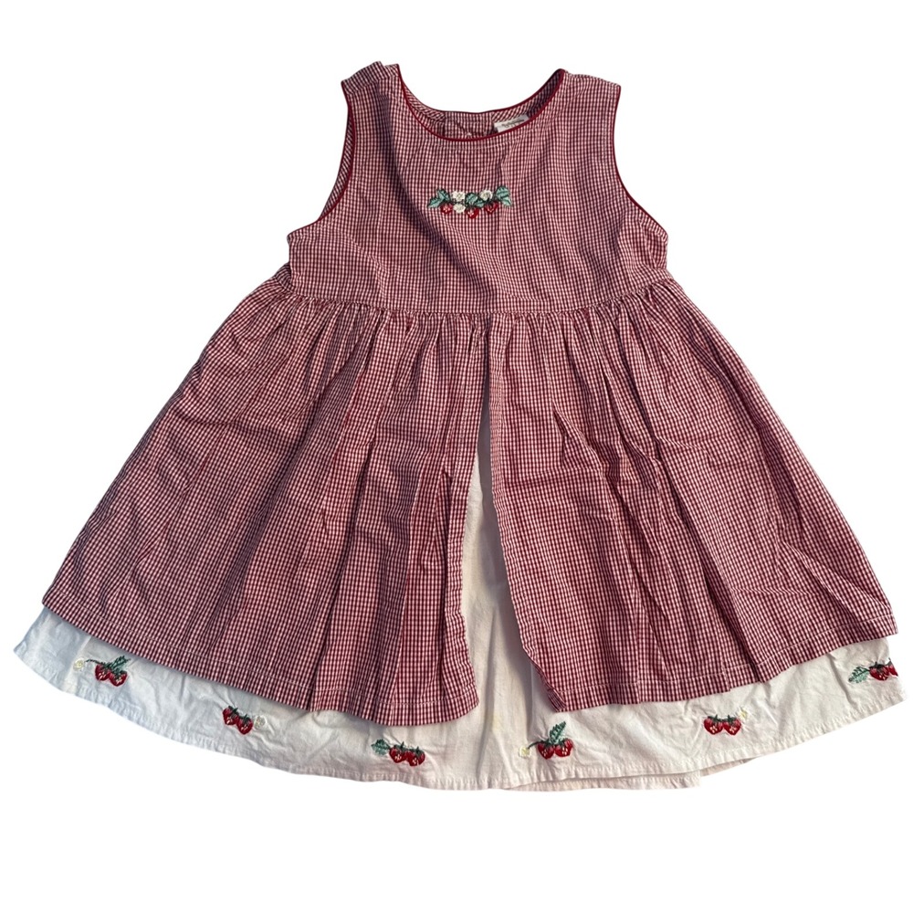 Vintage 90s BabyGap Red Gingham Strawberry Embroidered Seersucker Dress 2XL 24 m